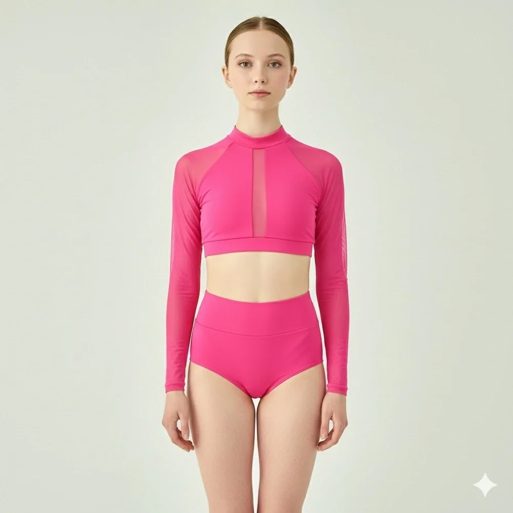 Baltogs Pink High Neck Mesh Long Sleeve Crop Top High Waisted Briefs Dance Set